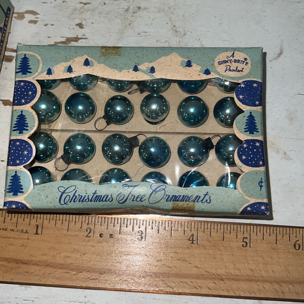Vintage Miniature Shiny Brite Ornaments feather trees blue 15mm